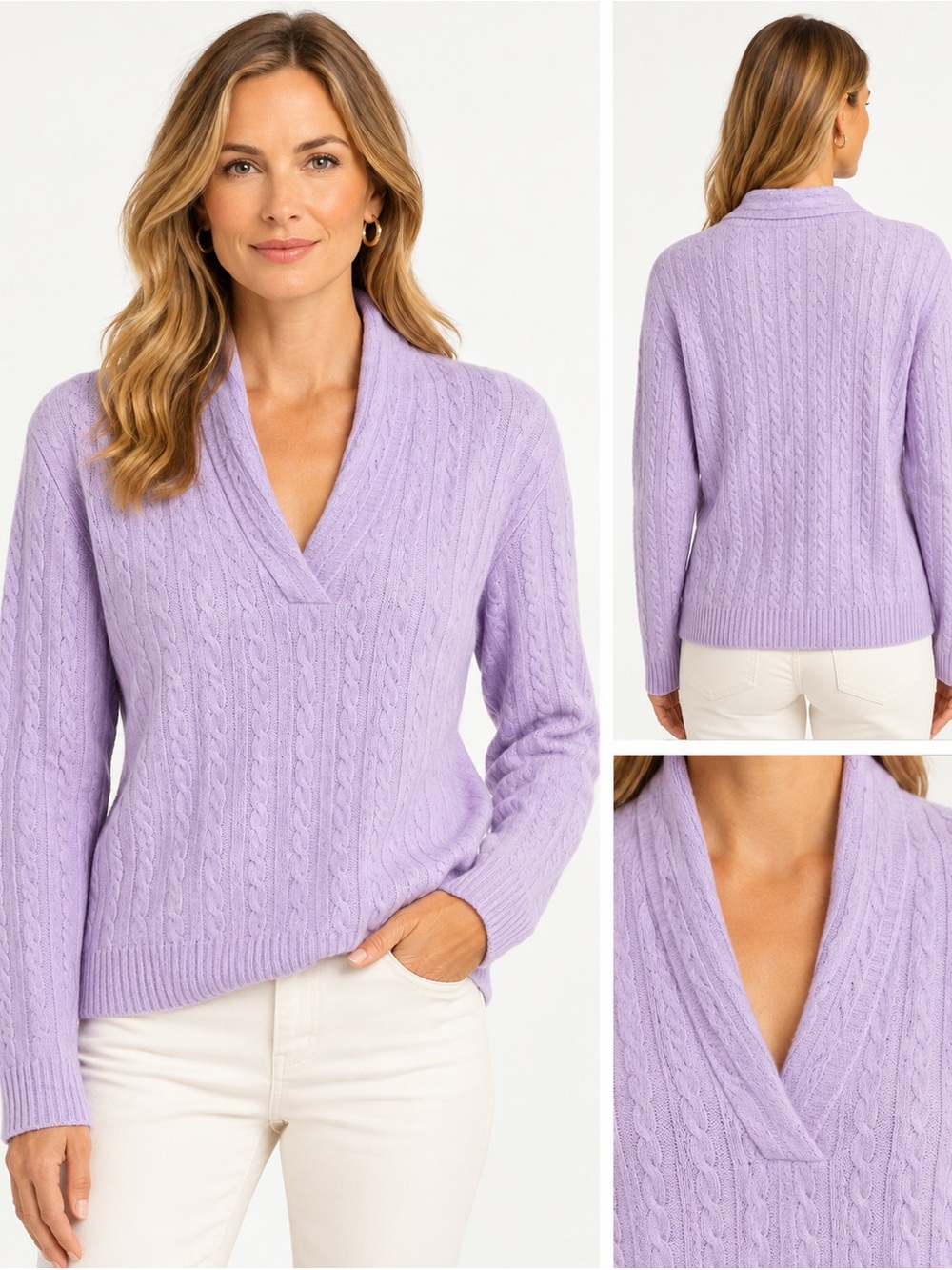 Lauren Ralph Lauren 100% Cashmere Lavender  Cable Knit V-Neck size XL